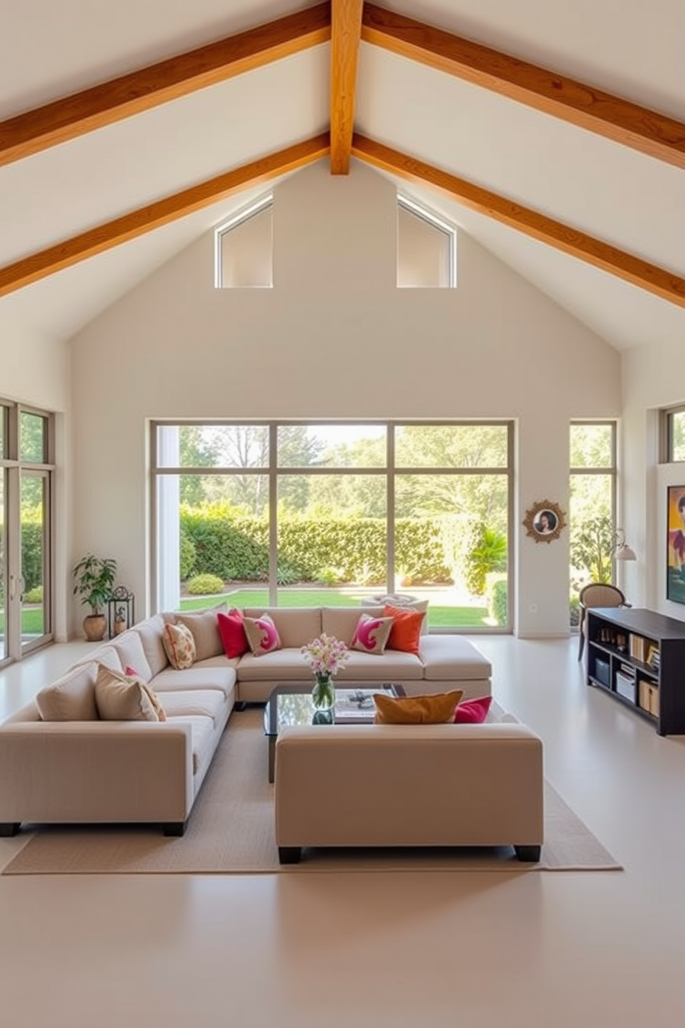 Open concept living room bathed in natural light with large floor-to-ceiling windows overlooking a lush garden. The space features a comfortable sectional sofa in soft beige, complemented by vibrant throw pillows and a sleek glass coffee table at the center. Warm wooden beams stretch across the ceiling, enhancing the airy feel of the room. A cozy reading nook is created by a stylish armchair and a small bookshelf, inviting relaxation and conversation.