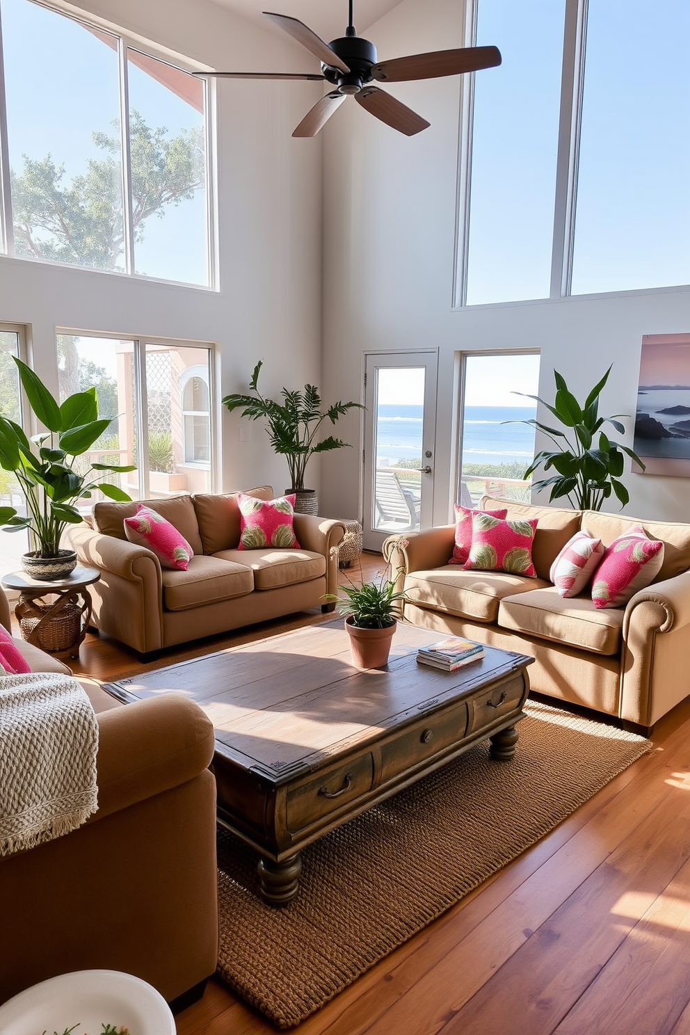 A vintage coffee table serves as the centerpiece of the California living room, surrounded by plush sofas in soft earth tones. Large windows allow natural light to flood the space, highlighting the warm wood floors and potted plants that bring a touch of nature indoors. The walls are adorned with subtle coastal artwork, creating a relaxed and inviting atmosphere. A woven rug underfoot adds texture, while decorative throw pillows in vibrant colors invite comfort and style.