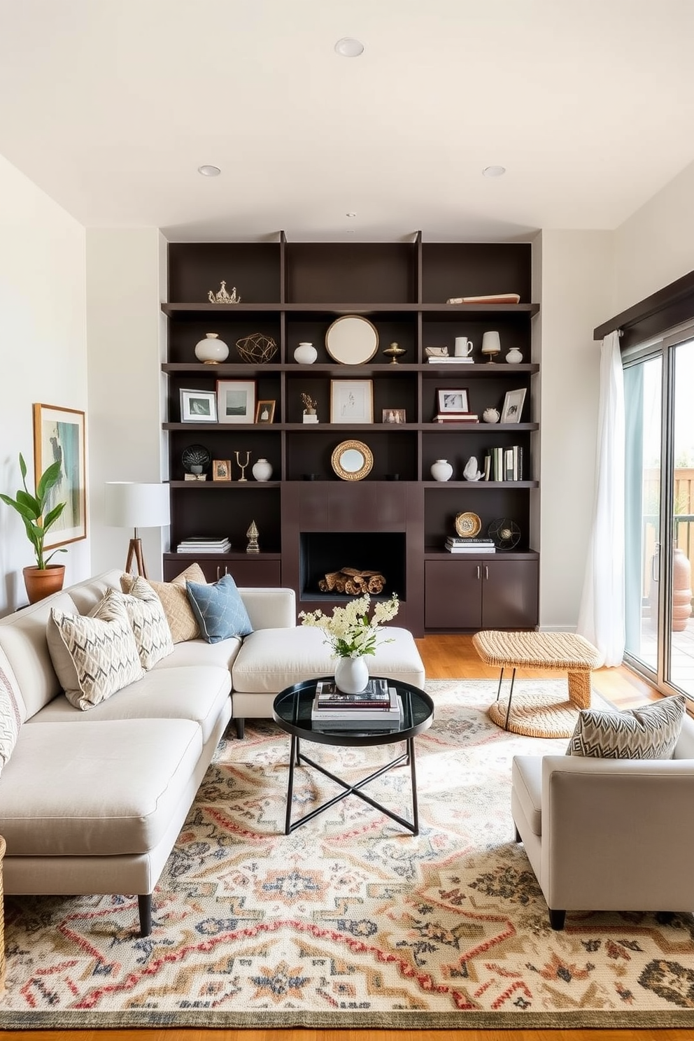 A bright California living room features open shelving that showcases a curated selection of decor items. The space is filled with natural light, highlighting a comfortable sectional sofa and a large area rug that ties the room together.