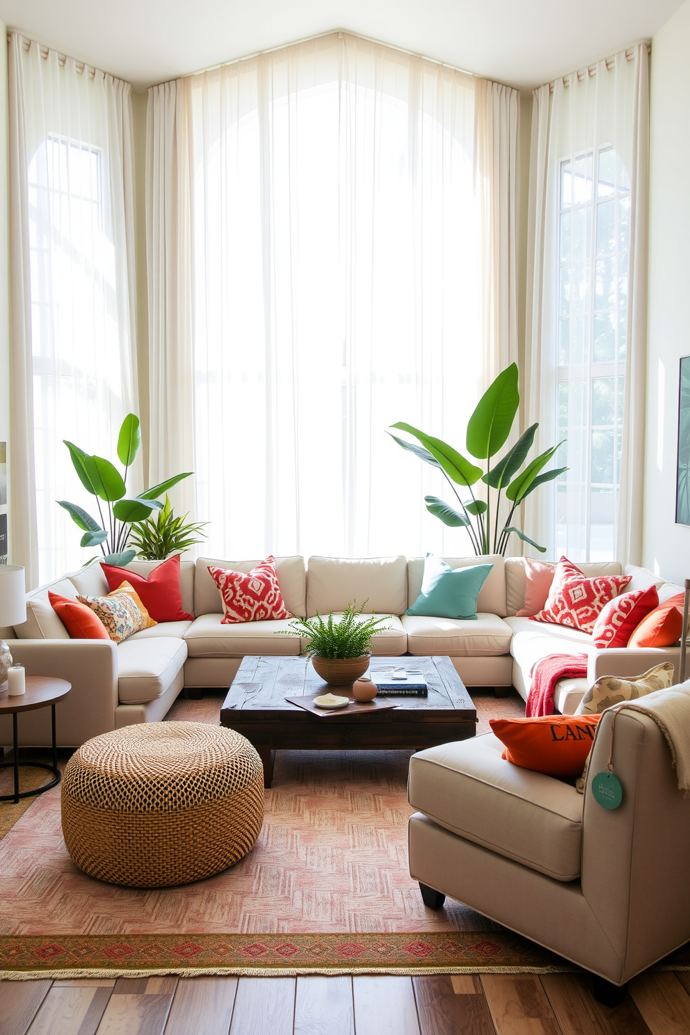 A bright and airy California living room features soft sheer curtains that gently flutter in the breeze. The space is adorned with a plush sectional sofa in a light neutral tone complemented by colorful accent pillows and a large area rug that adds warmth. Natural light floods the room through expansive windows, highlighting the indoor plants placed strategically around the space. A rustic wooden coffee table sits at the center, surrounded by stylish side tables that enhance the relaxed yet sophisticated atmosphere.