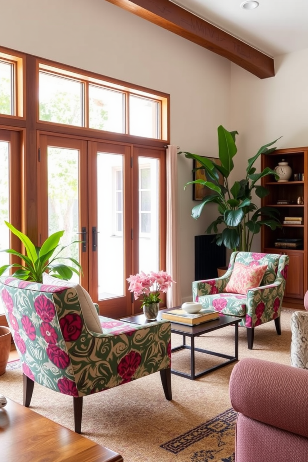 A California living room featuring accent chairs in bold patterns that add a vibrant touch to the space. The room is filled with natural light, highlighting the warm wood tones and lush greenery that create a relaxed yet stylish atmosphere.