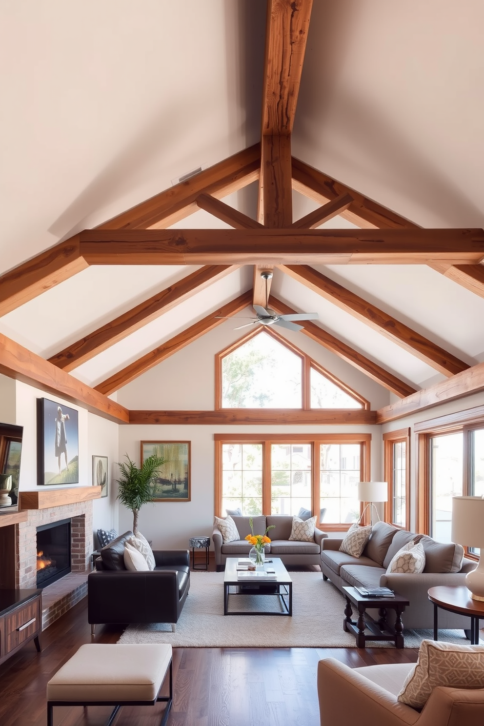 A California living room featuring natural wood beams that add rustic charm to the space. The room is filled with light from large windows, showcasing a blend of modern and cozy furnishings.