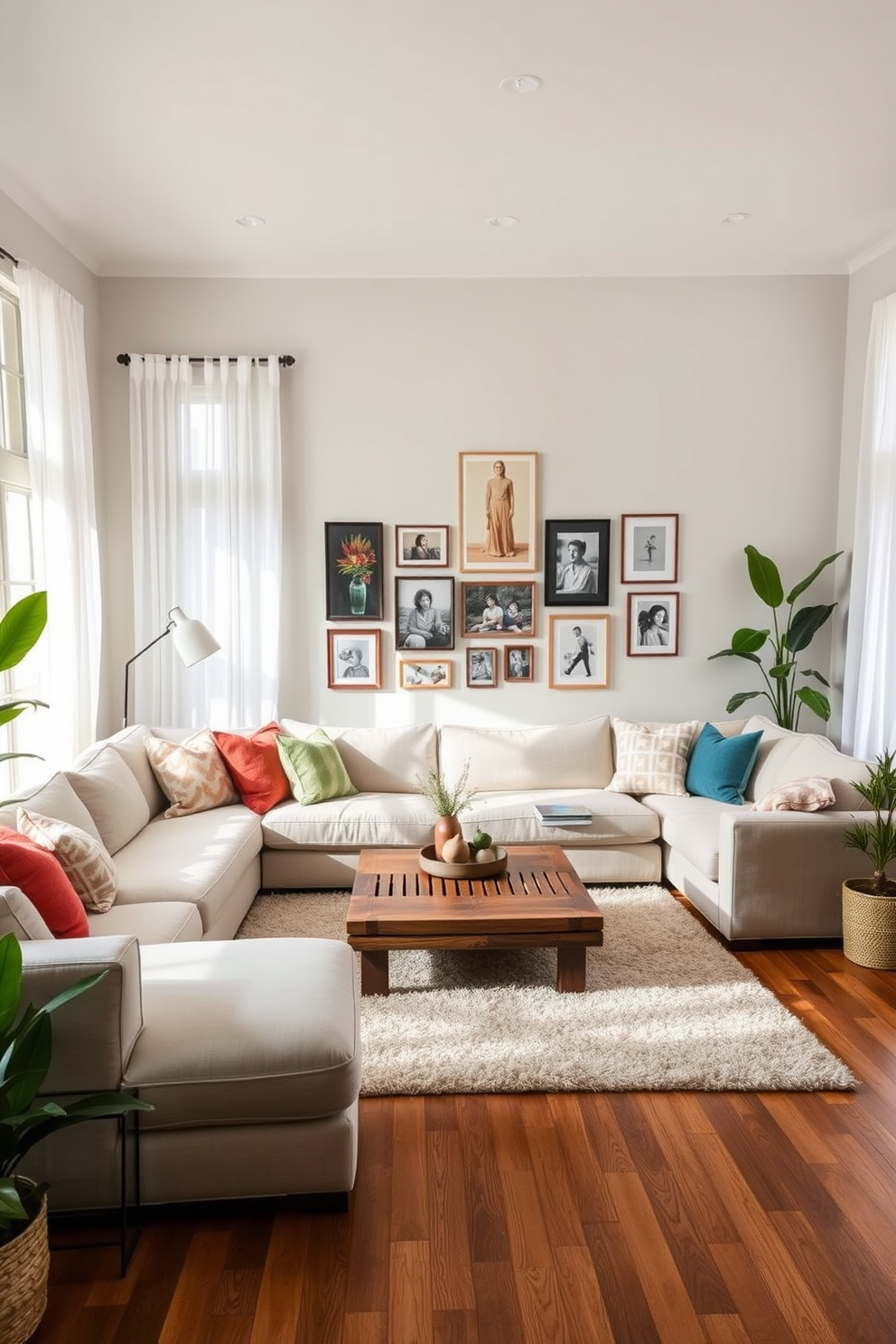 A California living room with soft lighting creating a relaxed atmosphere. The space features a large sectional sofa upholstered in light linen, complemented by colorful throw pillows. Natural light pours in through expansive windows adorned with sheer white curtains. A cozy coffee table made of reclaimed wood sits at the center, surrounded by a plush area rug in neutral tones. A gallery wall showcases a mix of framed artwork and family photos, adding a personal touch. Potted plants in the corners bring a touch of greenery, enhancing the inviting ambiance.