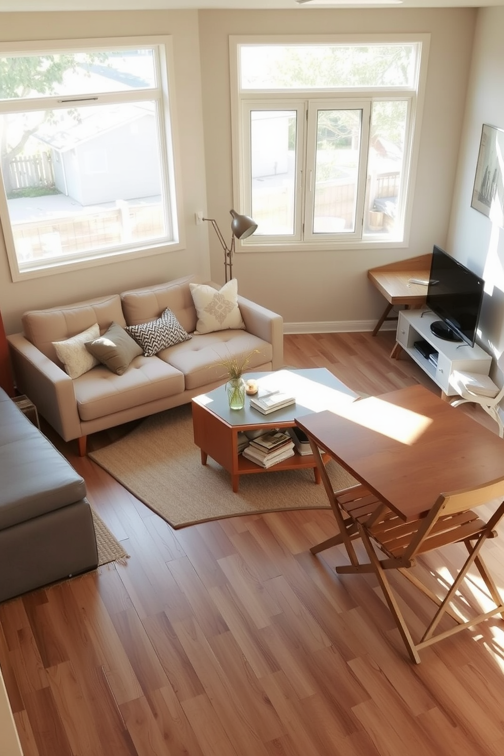 A cozy California living room featuring multi-functional furniture designed for small spaces. The room includes a sleek sofa that converts into a bed, paired with a stylish coffee table that doubles as storage. Natural light floods the space through large windows, highlighting a warm color palette of soft beige and light grey. A compact dining table with foldable chairs sits adjacent to the living area, maximizing functionality without sacrificing style.