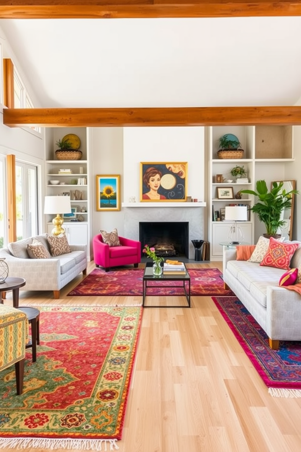 A vibrant California living room features colorful area rugs that define distinct spaces within the open layout. The rugs are layered over a light hardwood floor, adding warmth and texture while complementing the bright, airy atmosphere.