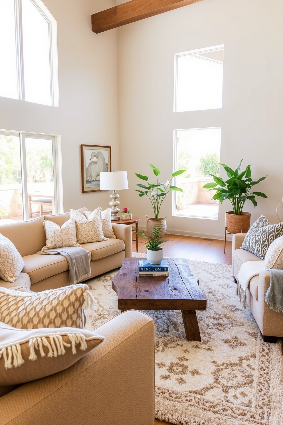 A serene California living room infused with neutral tones and layered textures. Plush beige sofas are adorned with various textured cushions, while a soft area rug anchors the space. Large windows invite natural light, revealing views of the outdoors. A rustic wooden coffee table sits at the center, complemented by a few decorative books and a small potted plant.