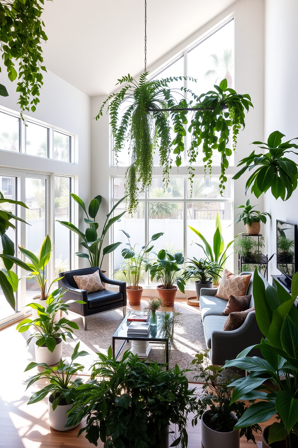 A bright California living room filled with indoor plants creating a fresh vibe. The space features large windows that let in natural light, highlighting a mix of contemporary furniture and lush greenery.