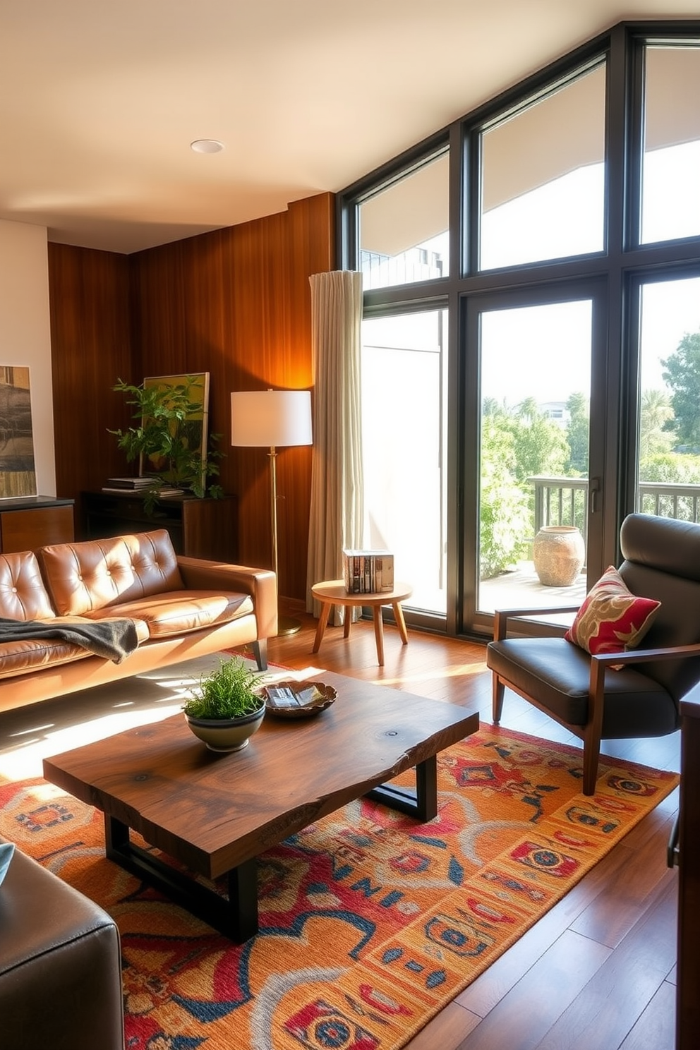 A California living room that blends modern and vintage furniture styles. The space features a sleek leather sofa paired with a rustic wooden coffee table, creating a warm and inviting atmosphere. In one corner, a mid-century armchair complements a contemporary floor lamp, adding character to the room. Large windows allow natural light to flood in, highlighting a vibrant area rug that ties the design together.