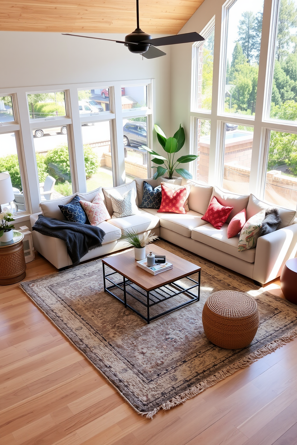 A cozy California living room featuring light wood flooring that adds warmth and brightness to the space. The room is adorned with a large, comfortable sectional sofa in soft neutral tones, complemented by a mix of colorful throw pillows for a pop of color. Natural light floods the room through large windows, enhancing the airy feel. A stylish coffee table sits at the center, surrounded by a plush area rug that ties the room together.