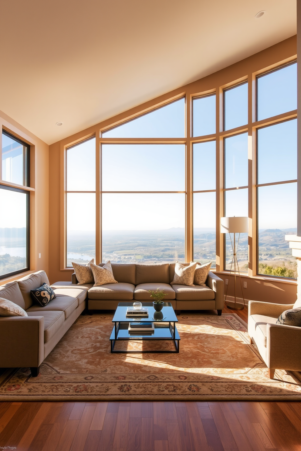 A spacious California living room featuring large windows that frame breathtaking views of the surrounding landscape. The room is filled with natural light, highlighting a cozy seating arrangement with a plush sectional sofa and a stylish coffee table. The walls are painted in soft earth tones, creating a warm and inviting atmosphere. A large area rug anchors the seating area, complemented by decorative throw pillows and a modern floor lamp for added ambiance.