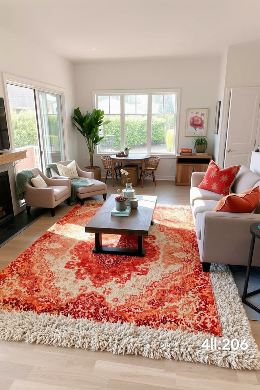 A warm and inviting California living room featuring layered rugs that add texture and comfort to the space. The design includes a large, plush area rug in neutral tones topped with a smaller, vibrant patterned rug to create visual interest. Natural light floods the room through large windows, highlighting the soft, earthy color palette of the furnishings. A mix of modern and rustic elements, such as a reclaimed wood coffee table and sleek contemporary sofas, enhances the cozy yet stylish atmosphere.