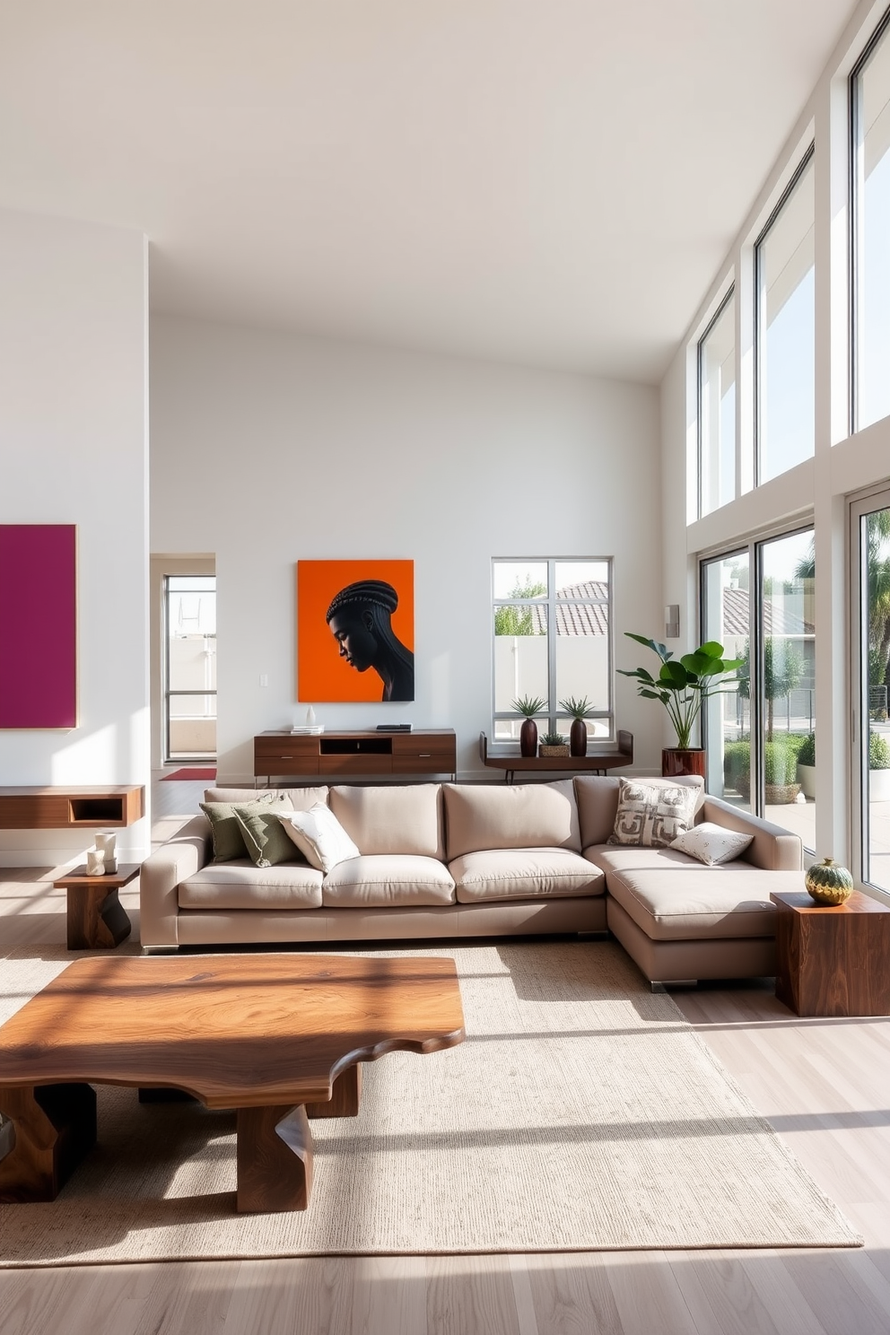 A spacious California living room featuring a minimalist design aesthetic. The room is adorned with large windows that allow natural light to flood in, highlighting the clean lines of the furniture. A sleek sectional sofa in a neutral tone is positioned in the center, complemented by a low-profile coffee table made of reclaimed wood. Bold art pieces in vibrant colors are hung on the walls, creating an eye-catching contrast against the soft palette of the room.