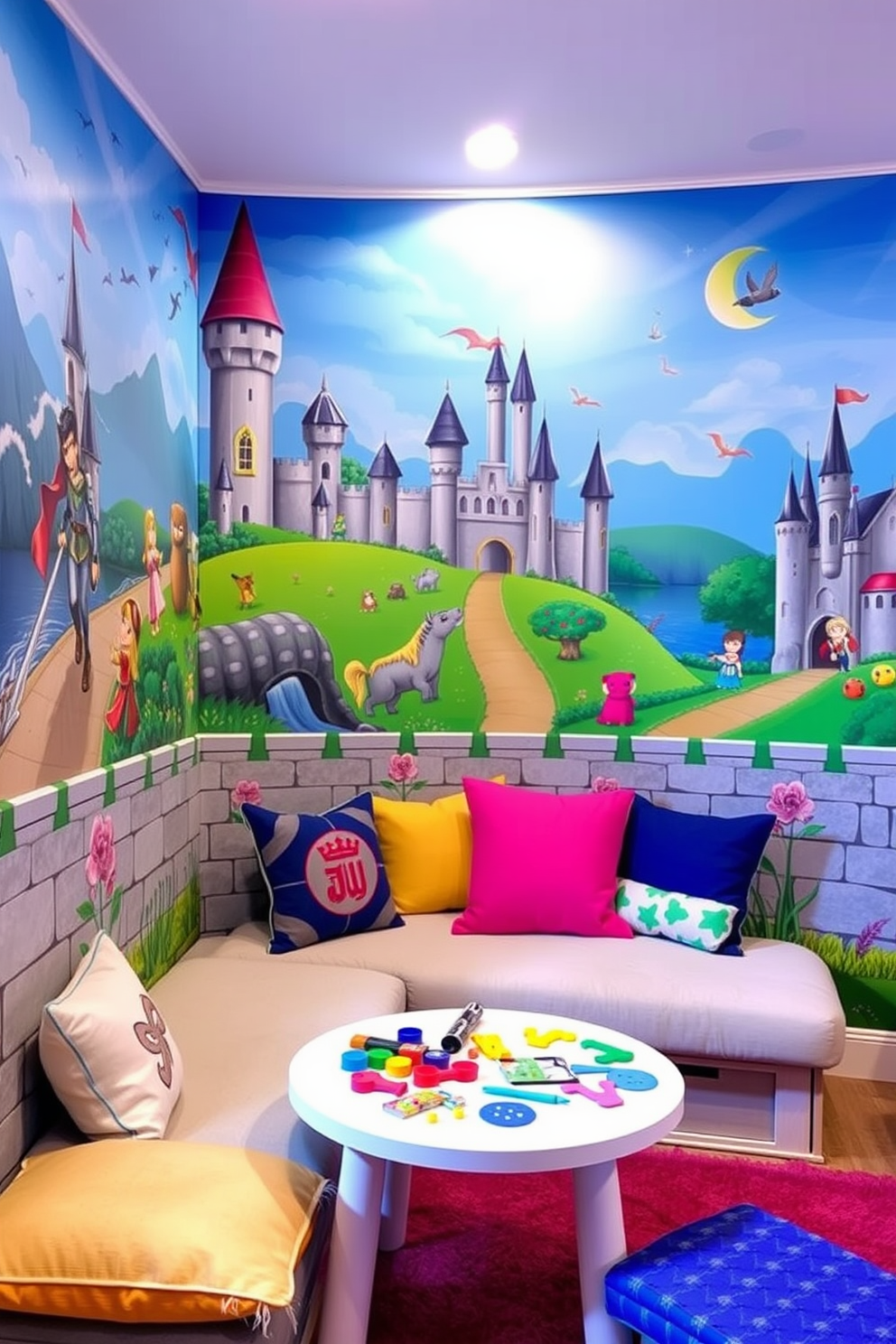 Castle themed wall murals for kids create a whimsical atmosphere filled with imagination. The walls are adorned with vibrant murals depicting knights, princesses, and magical creatures in a fairytale landscape. Castle playroom design ideas feature a cozy nook with plush seating and colorful cushions. The space includes a play area with castle-themed toys and a small table for arts and crafts, encouraging creativity and fun.