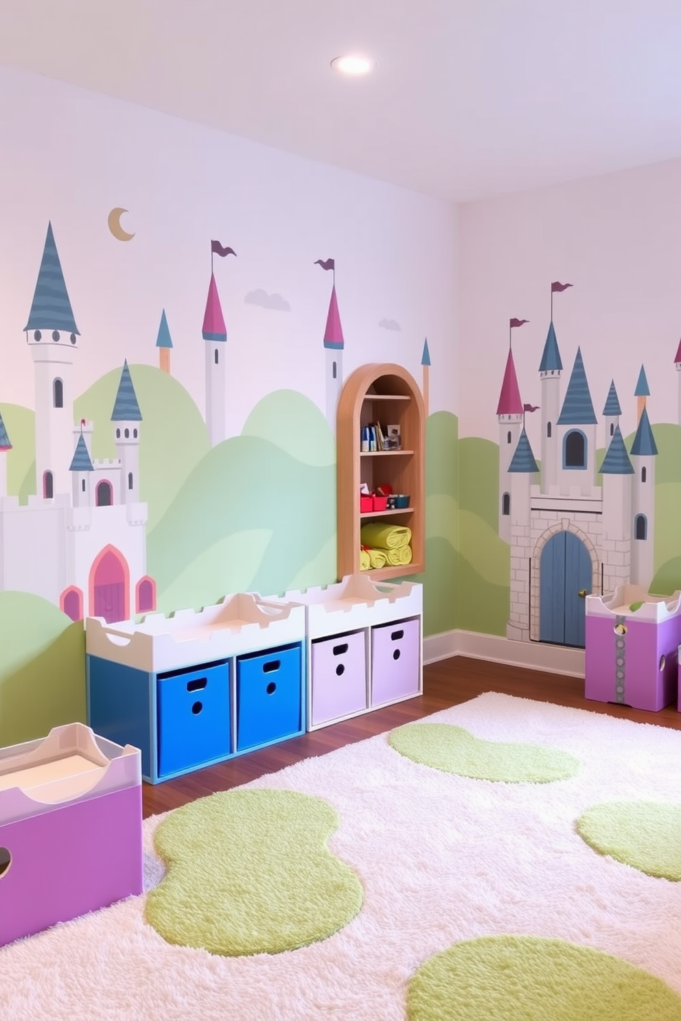 A whimsical playroom designed with a castle theme. The walls are painted in soft pastel colors, featuring hand-painted castle murals and playful accents. Storage bins shaped like turrets and drawbridges are scattered throughout the room. Plush carpets in the shape of grassy fields add comfort and enhance the imaginative atmosphere.