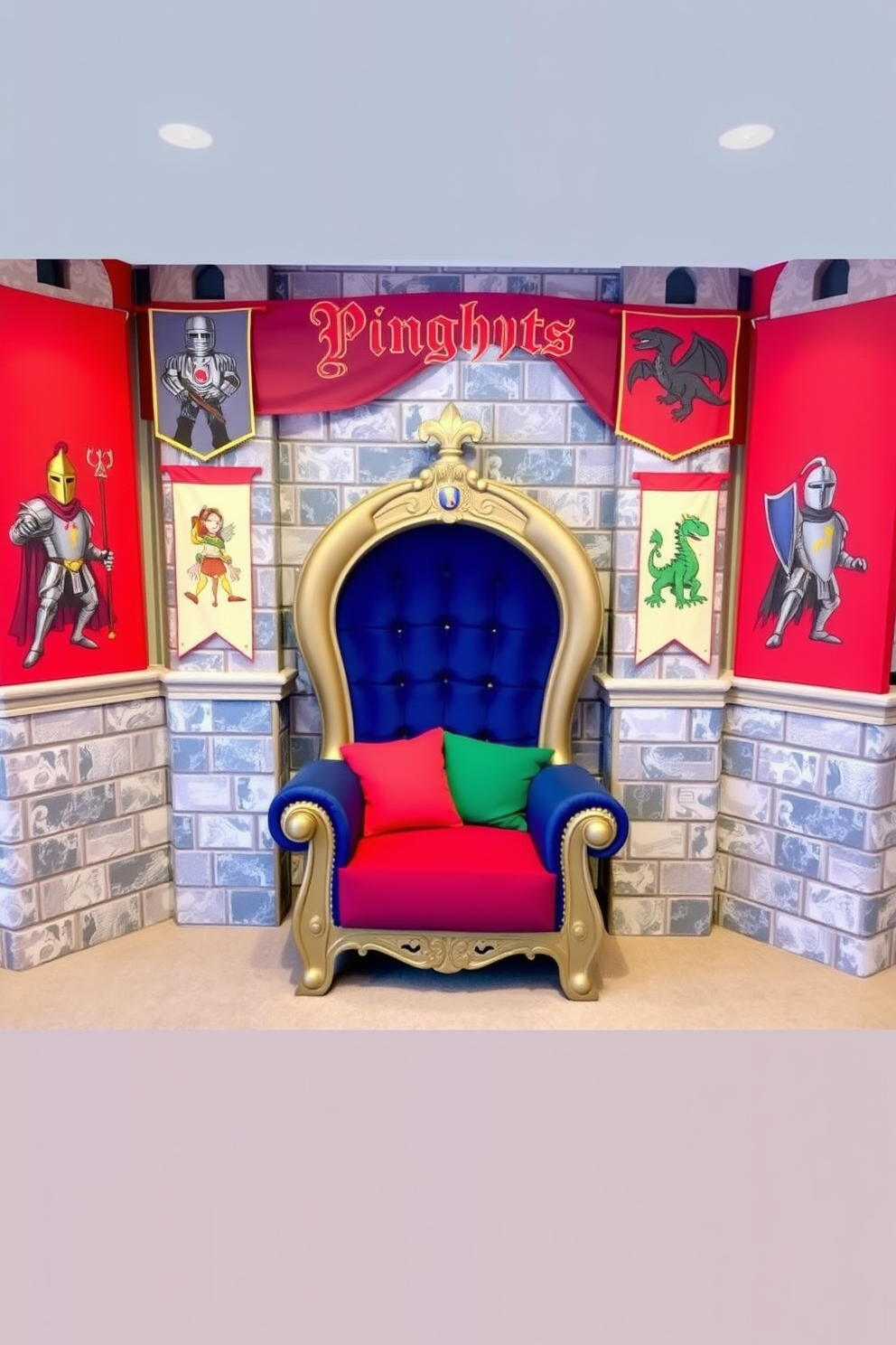 A whimsical playroom designed like a castle features a royal throne chair at its center, adorned with plush cushions and vibrant colors. Surrounding the throne, playful decorations include banners and wall murals depicting knights and dragons, creating an enchanting atmosphere for imaginative play.