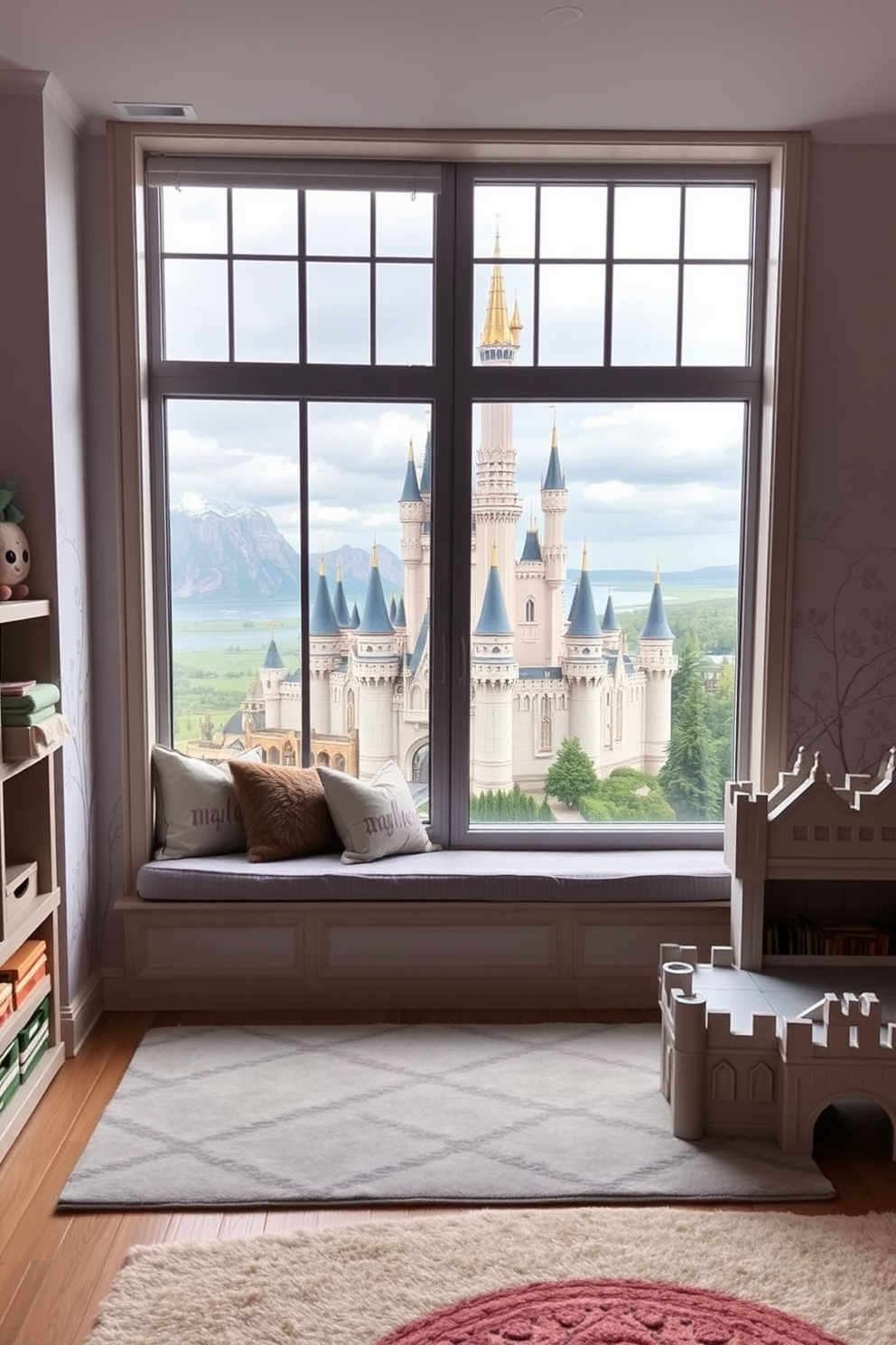 A cozy window seat adorned with plush cushions offers a breathtaking view of a majestic castle. The surrounding decor features whimsical elements like fairy tale murals and soft pastel colors, creating an enchanting atmosphere. The playroom is designed with castle-themed furniture, including a turret-style bookshelf and a drawbridge-style play table. Soft rugs and playful lighting complete the space, inviting children to explore their imaginations.