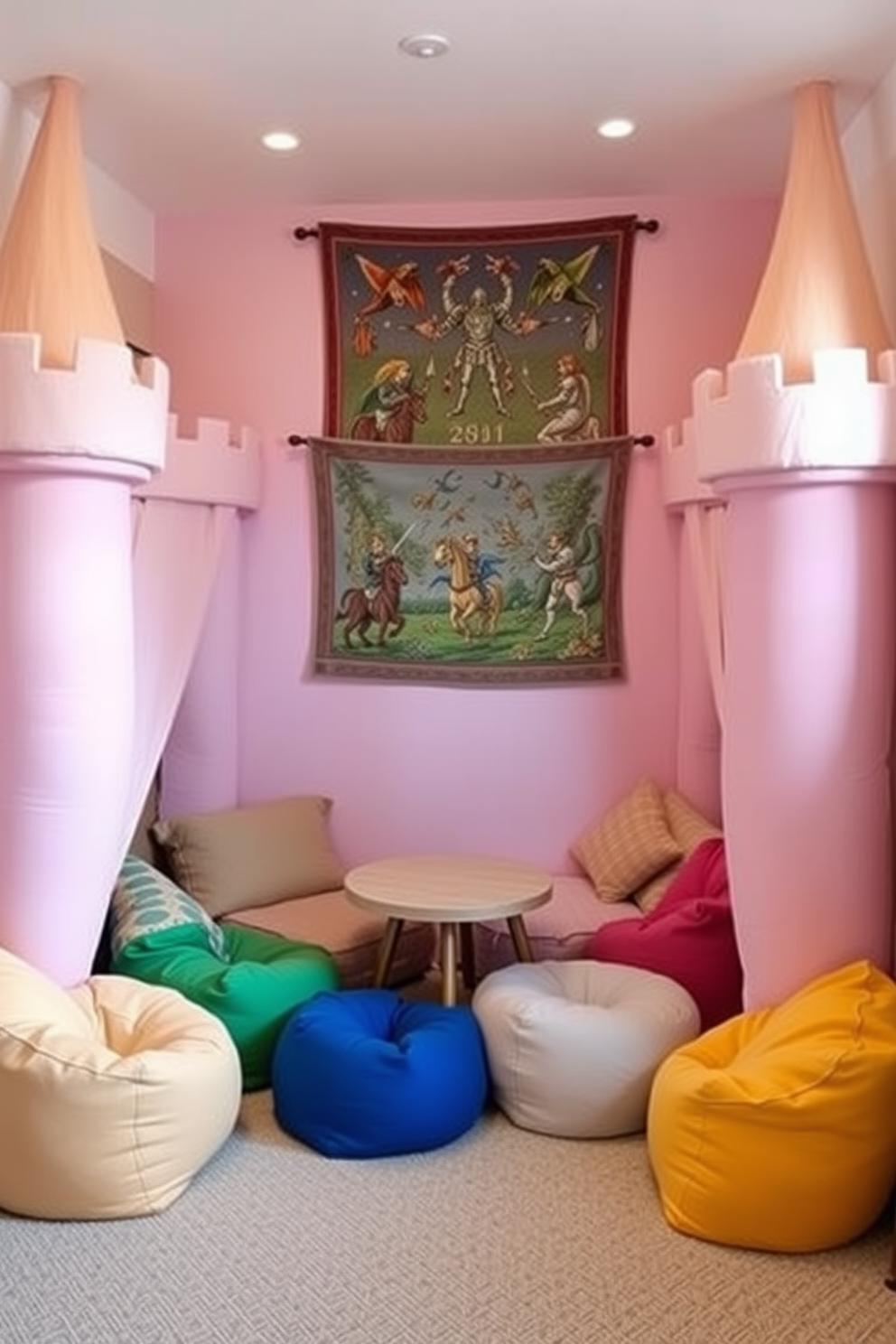 A whimsical playroom designed as a castle interior. The walls are adorned with soft pastel colors, and large, plush pillows create a cozy fort structure resembling castle towers. In the center, a small round table is surrounded by colorful bean bags. A tapestry featuring knights and dragons hangs on the wall, adding to the enchanting atmosphere.