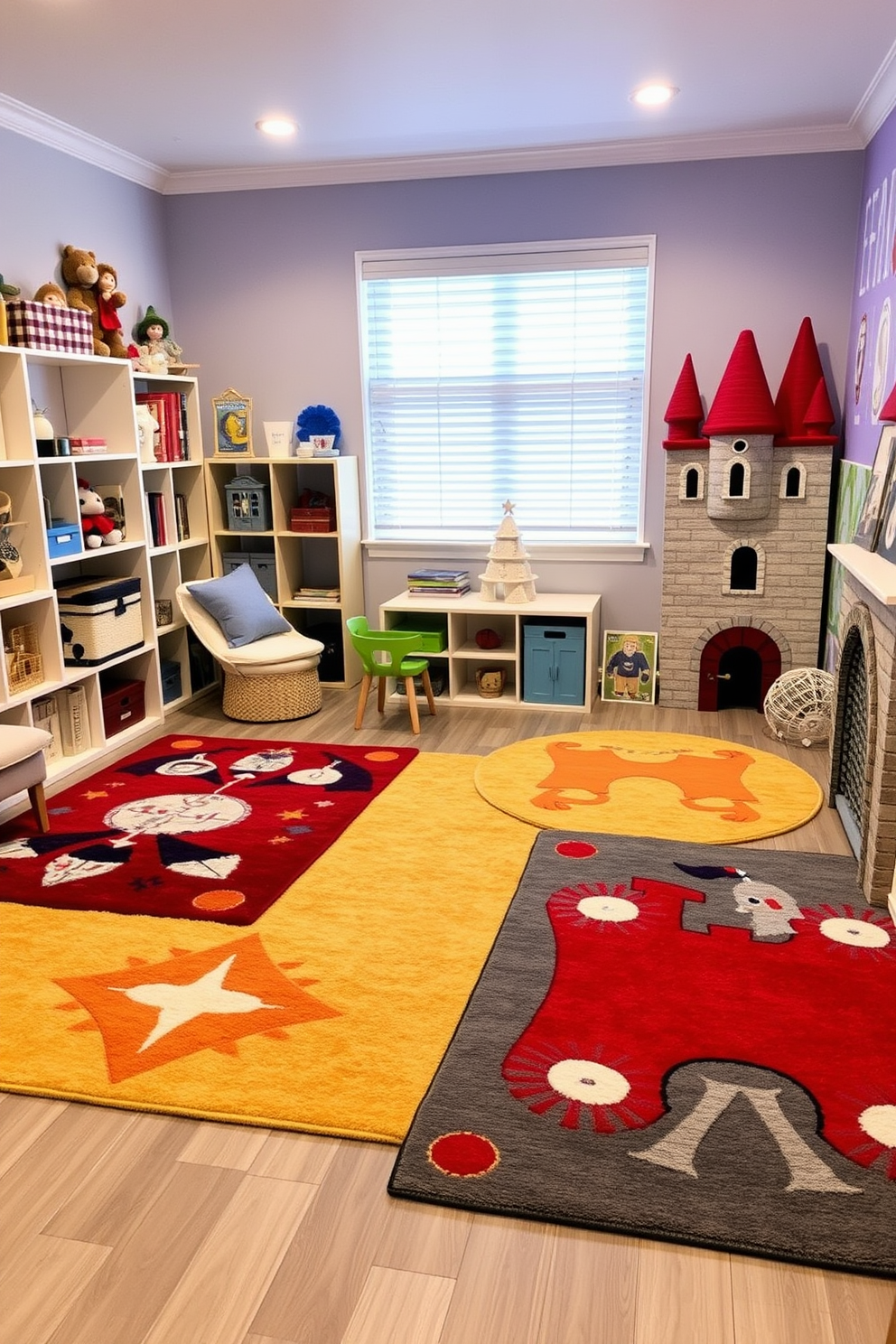 A cozy play area featuring castle-themed rugs that create a whimsical atmosphere. The rugs are adorned with vibrant colors and intricate designs, resembling castles and knights, providing a fun and inviting space for children to play. The playroom is designed with soft seating options and playful decor that complements the castle theme. Walls are painted in cheerful hues, and shelves are filled with toys and books, enhancing the imaginative environment.