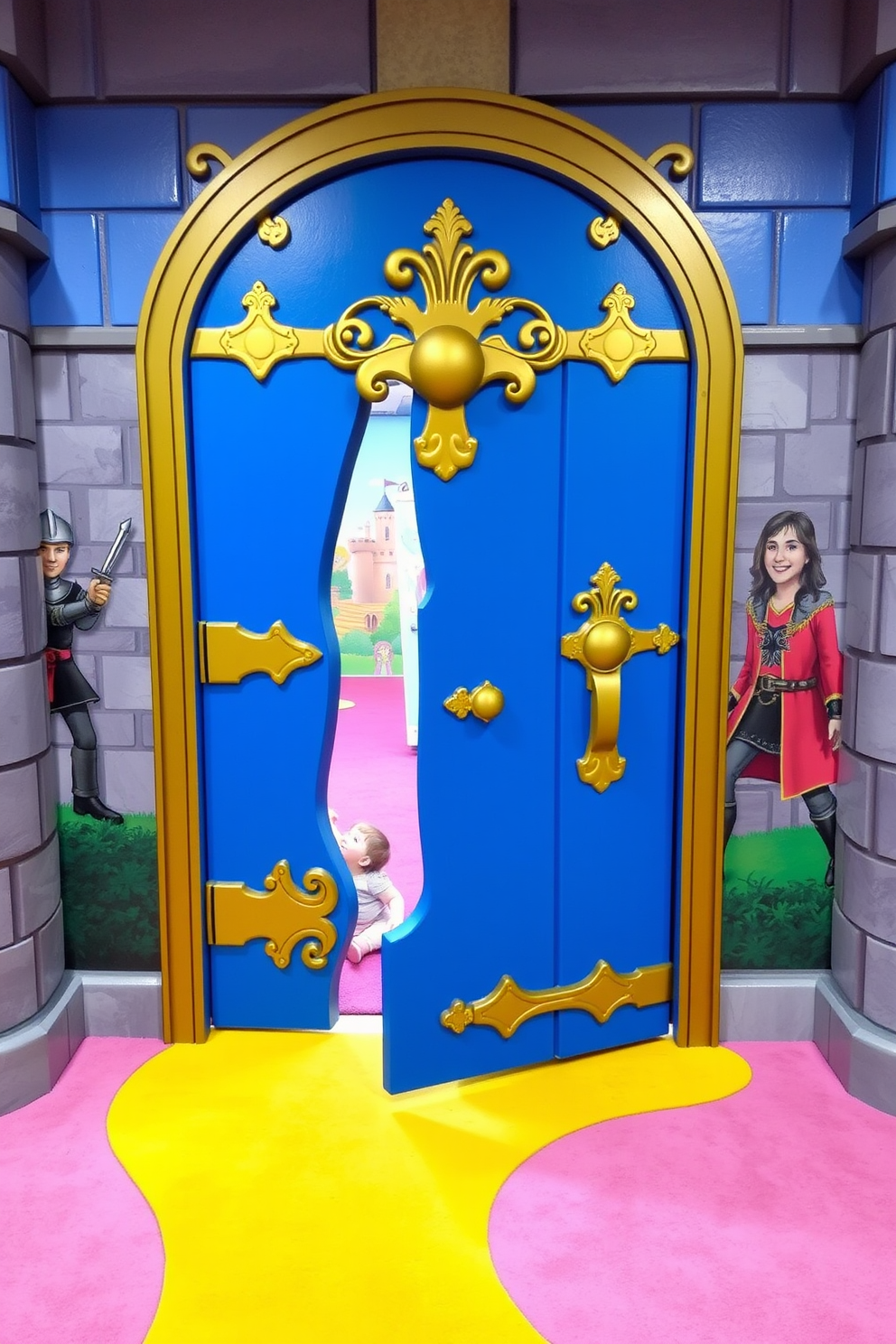 A whimsical castle door entrance leading into a vibrant playroom. The door is painted in a bright royal blue with golden accents, featuring intricate designs and a large faux handle. Inside the playroom, colorful murals of castles and knights adorn the walls. Plush carpets in shades of pink and yellow create a cozy and inviting atmosphere for children to play.