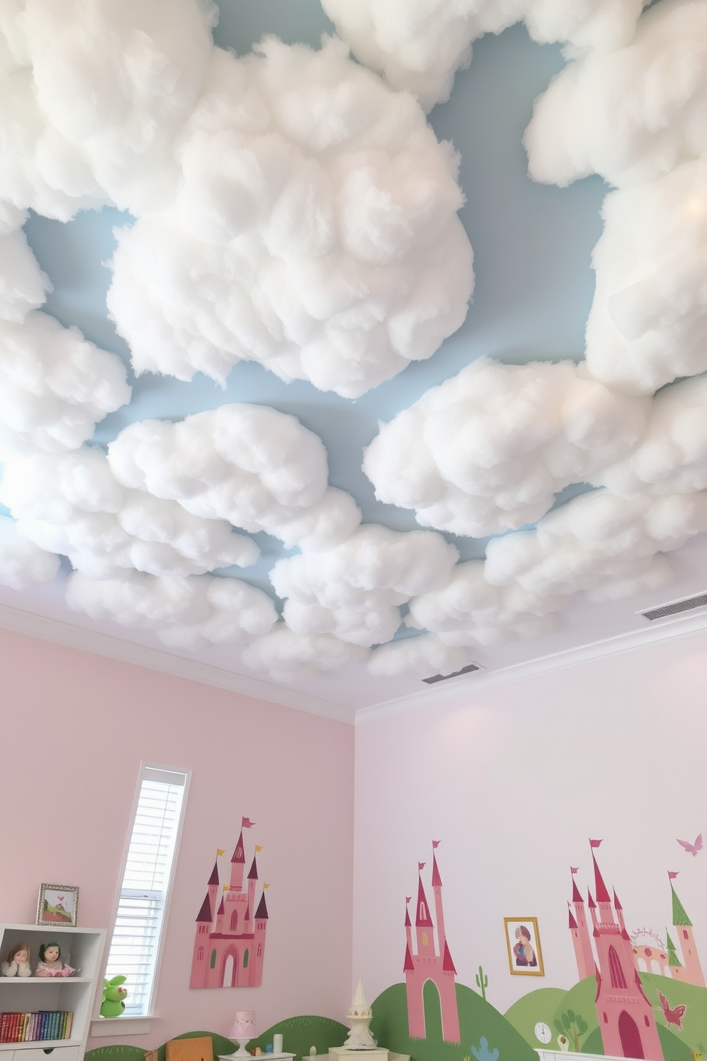 A whimsical playroom featuring a ceiling adorned with fluffy white clouds that create a dreamy atmosphere. The walls are painted in soft pastel colors, and playful artwork of castles and fairytales is displayed throughout the room.