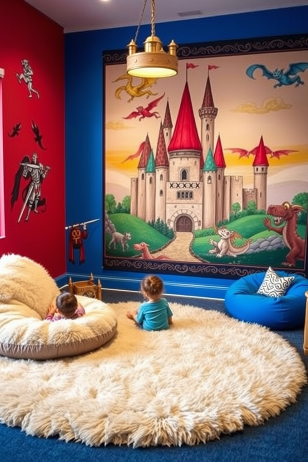 A whimsical playroom designed around a tapestry featuring knights and dragons. The walls are painted in vibrant colors, and plush rugs create a cozy area for play. A large, colorful mural of a castle serves as a backdrop, inspiring imaginative adventures. Soft seating options, like bean bags and oversized cushions, invite children to relax and enjoy storytelling sessions.