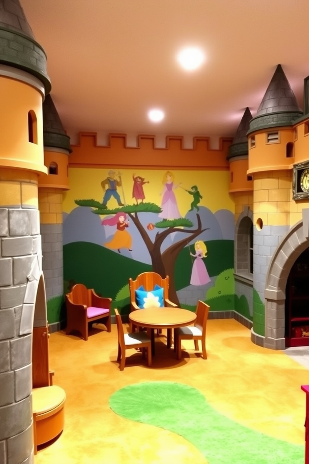 A whimsical playroom designed as a miniature castle features turrets and battlements that spark children's imaginations. Inside, vibrant colors and playful decor create an enchanting atmosphere for endless adventures. The walls are adorned with mural paintings of knights and princesses, while soft, plush carpets provide a cozy play area. Each corner of the room includes themed furniture, such as a throne-like chair and a drawbridge-style table for creative activities.