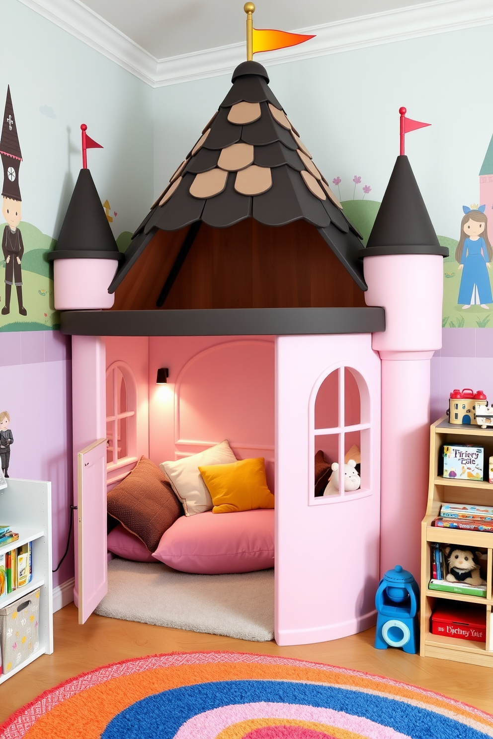 A turret style playhouse sits in the corner of a whimsical castle themed playroom. The structure features colorful turrets with flags, surrounded by soft pastel walls adorned with playful murals of knights and princesses. Inside, there are cozy nooks filled with plush cushions and a small reading corner with fairy tale books. The floor is covered with a soft, colorful rug, and there are shelves lined with toys and games, creating an inviting and imaginative space for children.