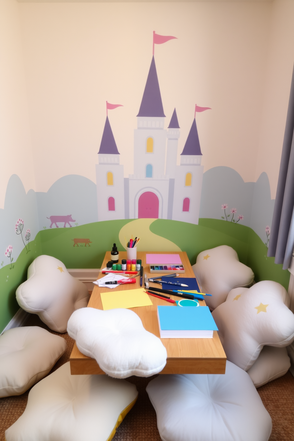 Create an enchanting art corner designed for a castle-themed playroom. The space features a whimsical mural of a castle on the wall, with soft pastel colors and playful turrets. In the corner, a sturdy wooden table is covered with art supplies, including paints, brushes, and colorful paper. Plush cushions in the shape of clouds and stars are scattered around for comfortable seating, inviting creativity and imagination.