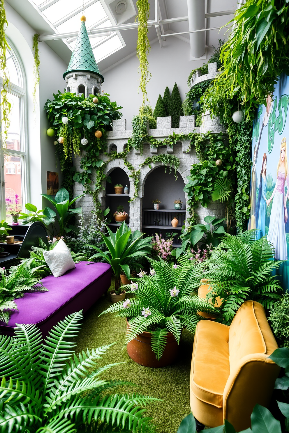 Magical garden area with faux plants. The space is filled with vibrant greenery, featuring oversized faux ferns and delicate flowering plants arranged in whimsical patterns. Castle playroom design ideas. The room showcases a grand castle theme with turrets and battlements, complete with plush seating areas and colorful wall murals depicting knights and princesses.