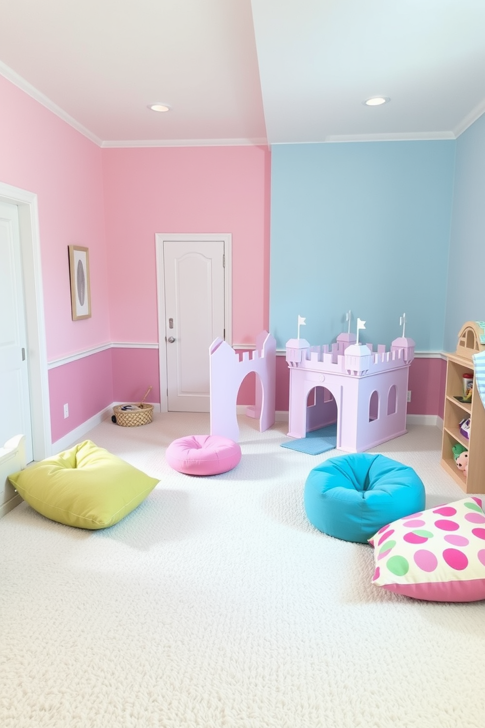 A whimsical playroom filled with pastel hues creates a cheerful atmosphere. The walls are painted in soft pink and light blue, complemented by a plush white carpet. In one corner, a small castle-shaped play structure invites imaginative adventures. Colorful cushions and bean bags are scattered around, providing cozy seating for playtime activities.