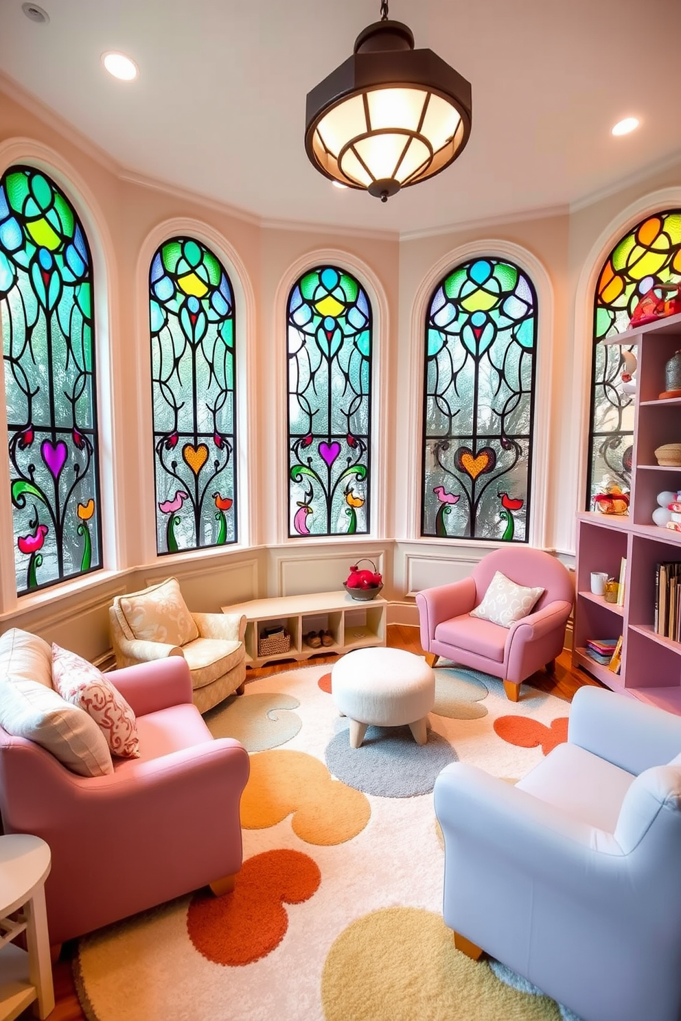 A whimsical playroom filled with colorful stained glass window decals that create a charming atmosphere. The walls are painted in soft pastel shades, and plush seating is arranged around a playful, oversized rug.