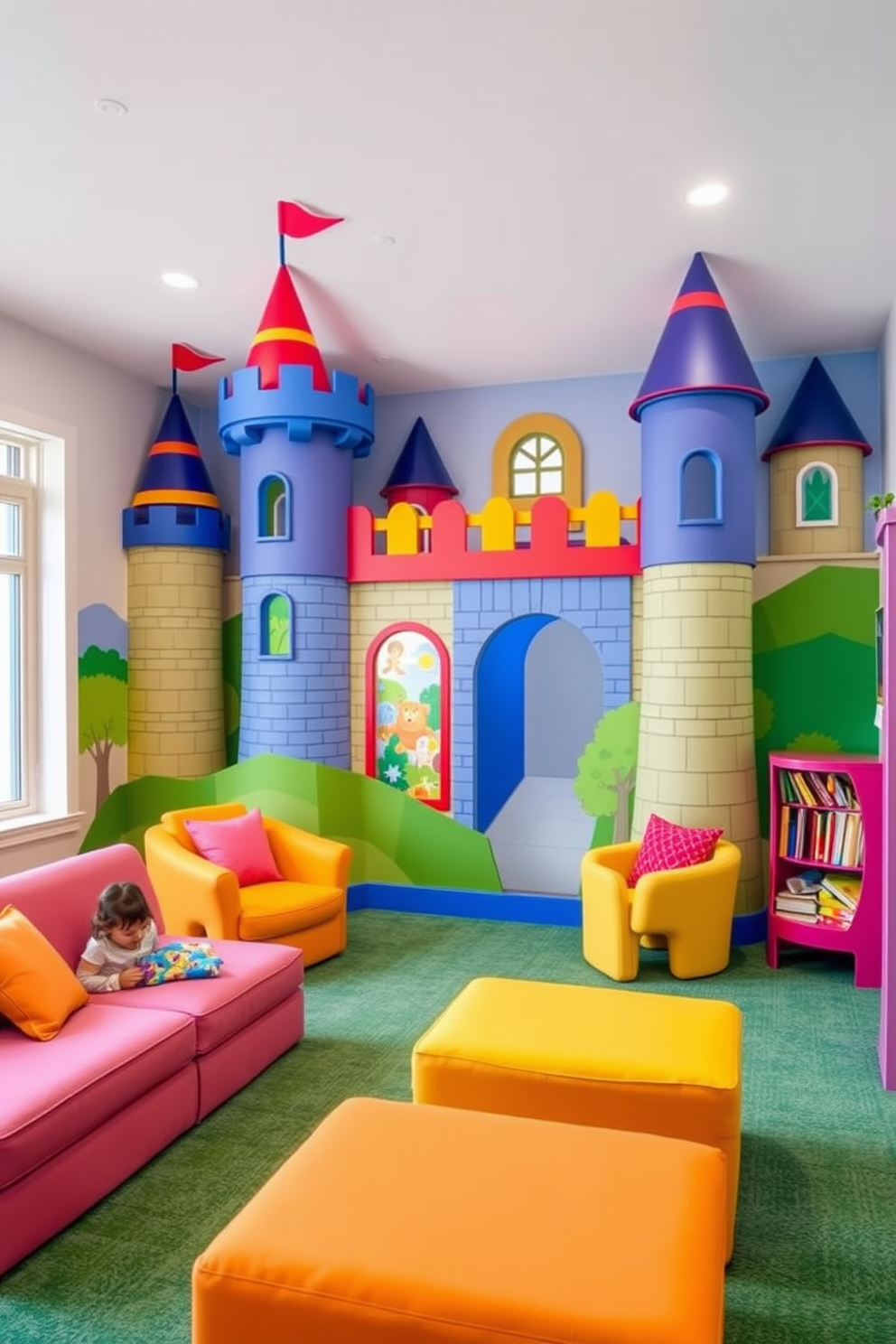 A whimsical playroom designed for children featuring a vibrant interactive play wall adorned with castle elements. The wall includes colorful turrets, a drawbridge, and interactive panels that encourage imaginative play and exploration. The room is filled with soft, plush carpets and cozy seating areas for reading and relaxation. Brightly colored furniture complements the castle theme, creating a fun and inviting atmosphere for kids to enjoy.