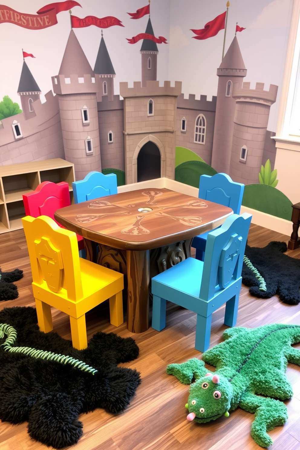 A castle themed table for crafts and games featuring a sturdy wooden tabletop with intricate carvings resembling stone walls. Surrounding the table are colorful chairs shaped like knights and princesses, creating an imaginative space for creativity and fun. Castle playroom design ideas include a whimsical mural of a castle backdrop on one wall with turrets and banners. Plush rugs shaped like dragons and knights are scattered across the floor, providing a cozy area for play and exploration.