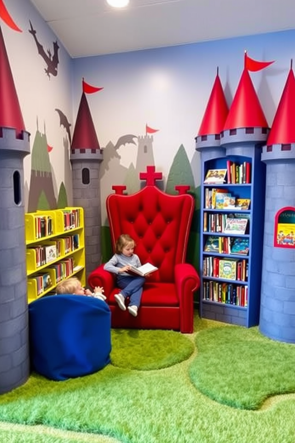 A whimsical story nook designed with a castle theme. The walls are adorned with murals of turrets and dragons, while plush seating in the shape of a throne invites children to read. Brightly colored bookshelves shaped like castle towers are filled with fairy tale books. Soft, textured rugs resembling grass create a cozy area for play and imagination.