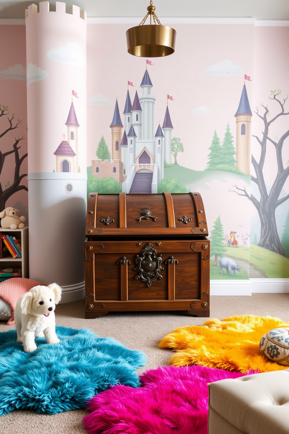 A whimsical playroom designed to resemble a castle. The focal point is a toy chest crafted to look like a treasure chest, complete with ornate detailing and a rich wooden finish. The walls are adorned with soft pastel colors, featuring murals of castles and enchanted forests. Plush rugs in vibrant colors cover the floor, creating a cozy environment for children to play and explore.