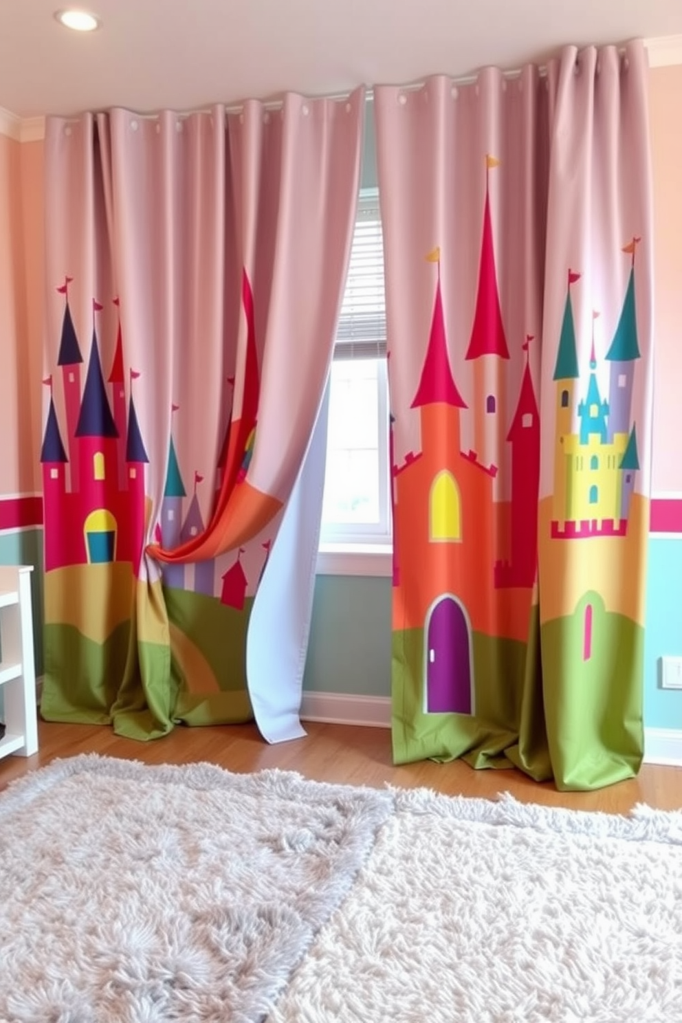 A whimsical playroom adorned with curtains featuring vibrant castle motifs. The walls are painted in soft pastels, and plush rugs cover the floor, creating a cozy and inviting atmosphere.