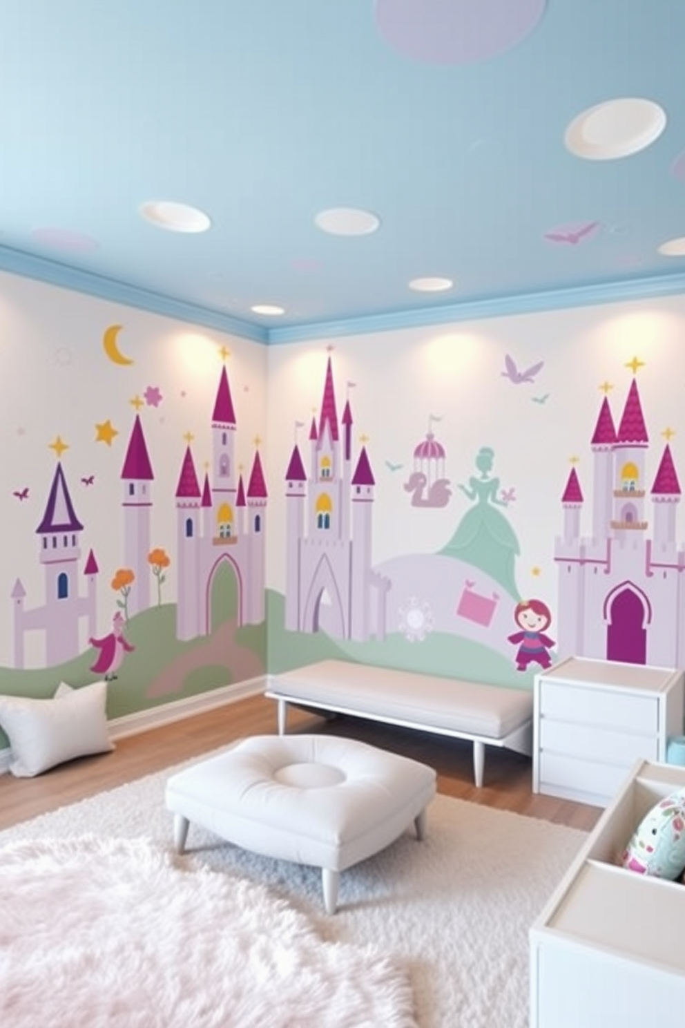 A whimsical playroom filled with vibrant wall decals depicting enchanting castles and playful princesses. The room features a soft pastel color palette with plush seating and a large rug for comfort.