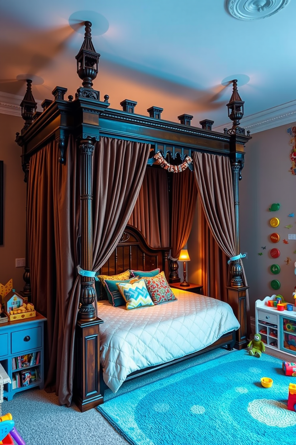 A majestic canopy bed resembling a castle tower is the focal point of the room. It features intricate woodwork and luxurious drapes that create a whimsical atmosphere. The playroom is designed with vibrant colors and imaginative elements. It includes a soft rug, playful wall decals, and various toys that inspire creativity and adventure.