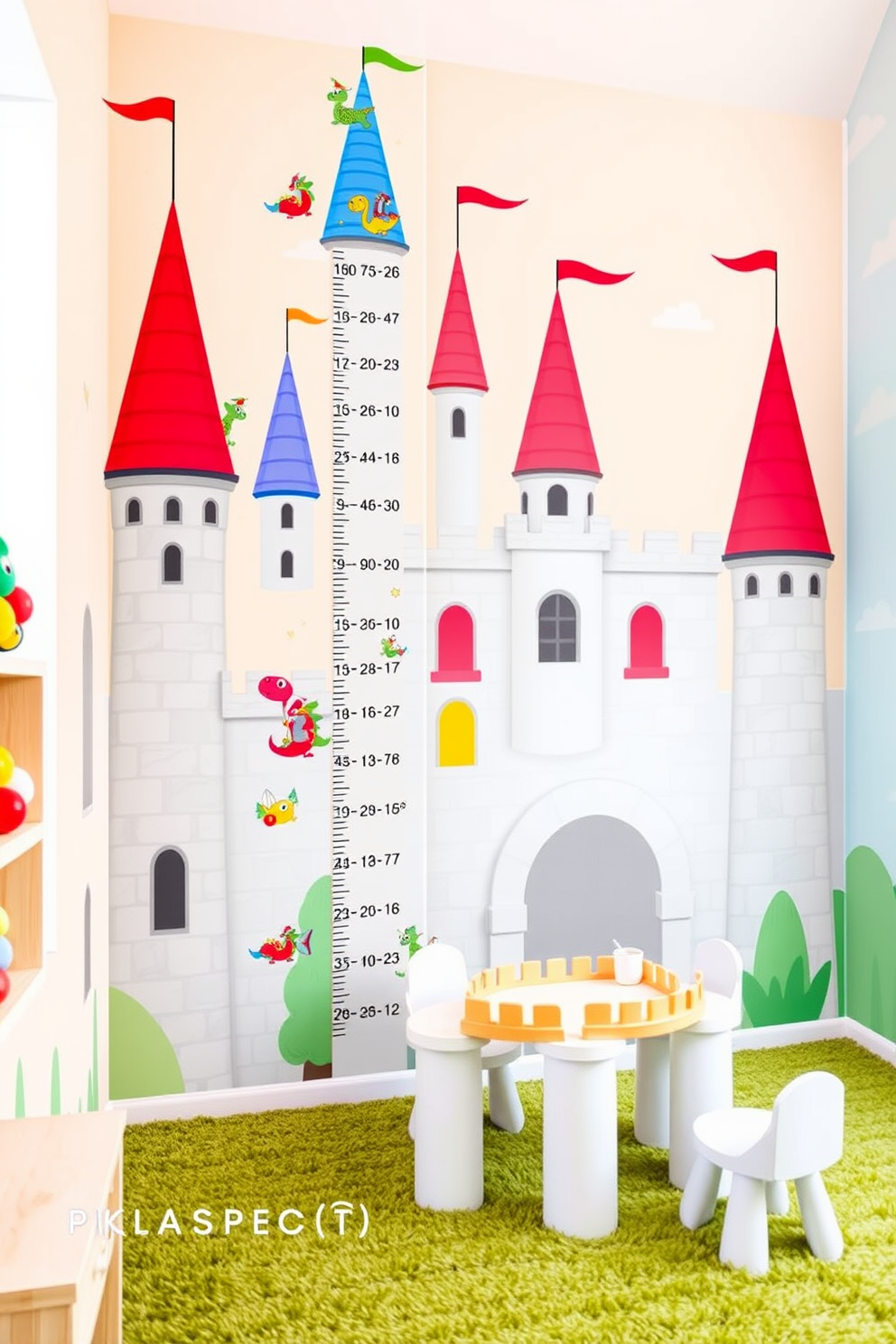 A whimsical castle themed growth chart for kids featuring vibrant colors and playful illustrations of turrets and flags. The chart is adorned with friendly dragons and knights, creating an enchanting atmosphere for children to track their height. A magical playroom designed as a castle with soft pastel walls resembling stone and plush carpet resembling grass. The room includes a play area with castle-themed furniture, such as a drawbridge table and throne-like chairs, encouraging imaginative play.