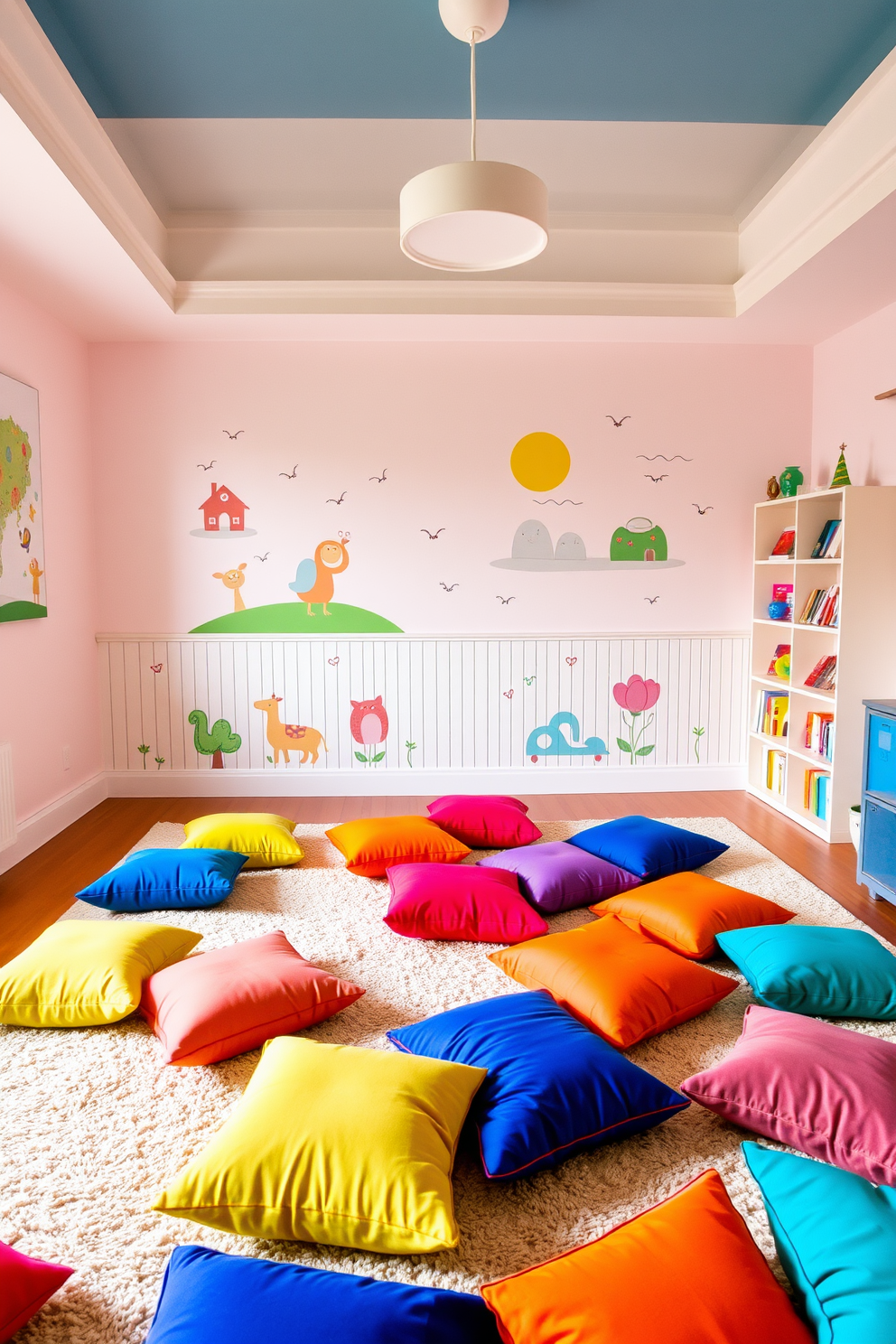 A vibrant playroom filled with colorful floor cushions scattered across a soft area rug. The walls are painted in cheerful pastel shades, and whimsical artwork adorns the space, creating an inviting atmosphere for children to play and relax.