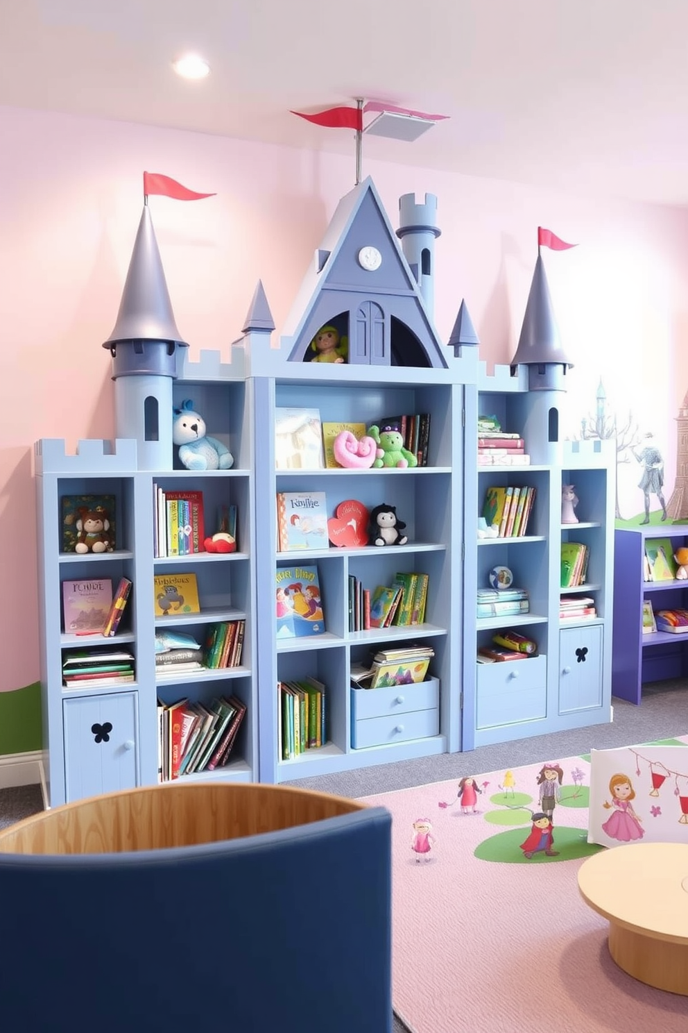 A whimsical fairy tale bookshelf designed to resemble a majestic castle, complete with turrets and flags. The shelves are filled with colorful storybooks and plush toys, creating a magical atmosphere for children. A vibrant playroom designed around the castle theme, featuring soft pastel colors and playful wall murals of knights and princesses. The space includes a cozy reading nook and interactive play areas, encouraging imaginative adventures.