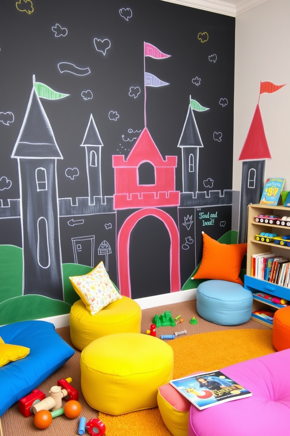 A whimsical playroom featuring an interactive chalkboard wall designed to resemble a castle. The wall is adorned with hand-drawn turrets and flags, inviting children to unleash their creativity with colorful chalk. The playroom includes soft, plush seating in bright colors and a variety of educational toys scattered around. A cozy reading nook with storybooks is nestled in one corner, enhancing the imaginative atmosphere.