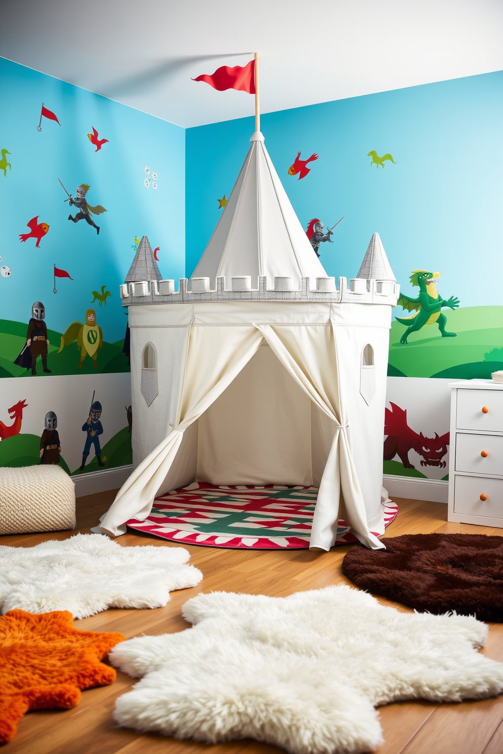 A whimsical play tent resembling a medieval castle stands in the center of a vibrant playroom. The tent features turrets and flags, creating an enchanting atmosphere for imaginative play. Surrounding the tent, the playroom is adorned with colorful wall decals of knights and dragons. Soft, plush rugs in various shapes add comfort and warmth to the space, inviting children to sit and play.