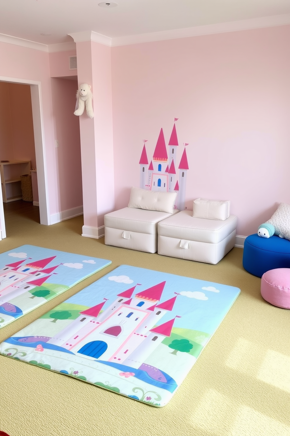 A whimsical playroom featuring soft play mats adorned with colorful castle graphics. The walls are painted in a light pastel hue, and plush seating options create a cozy atmosphere for imaginative play.