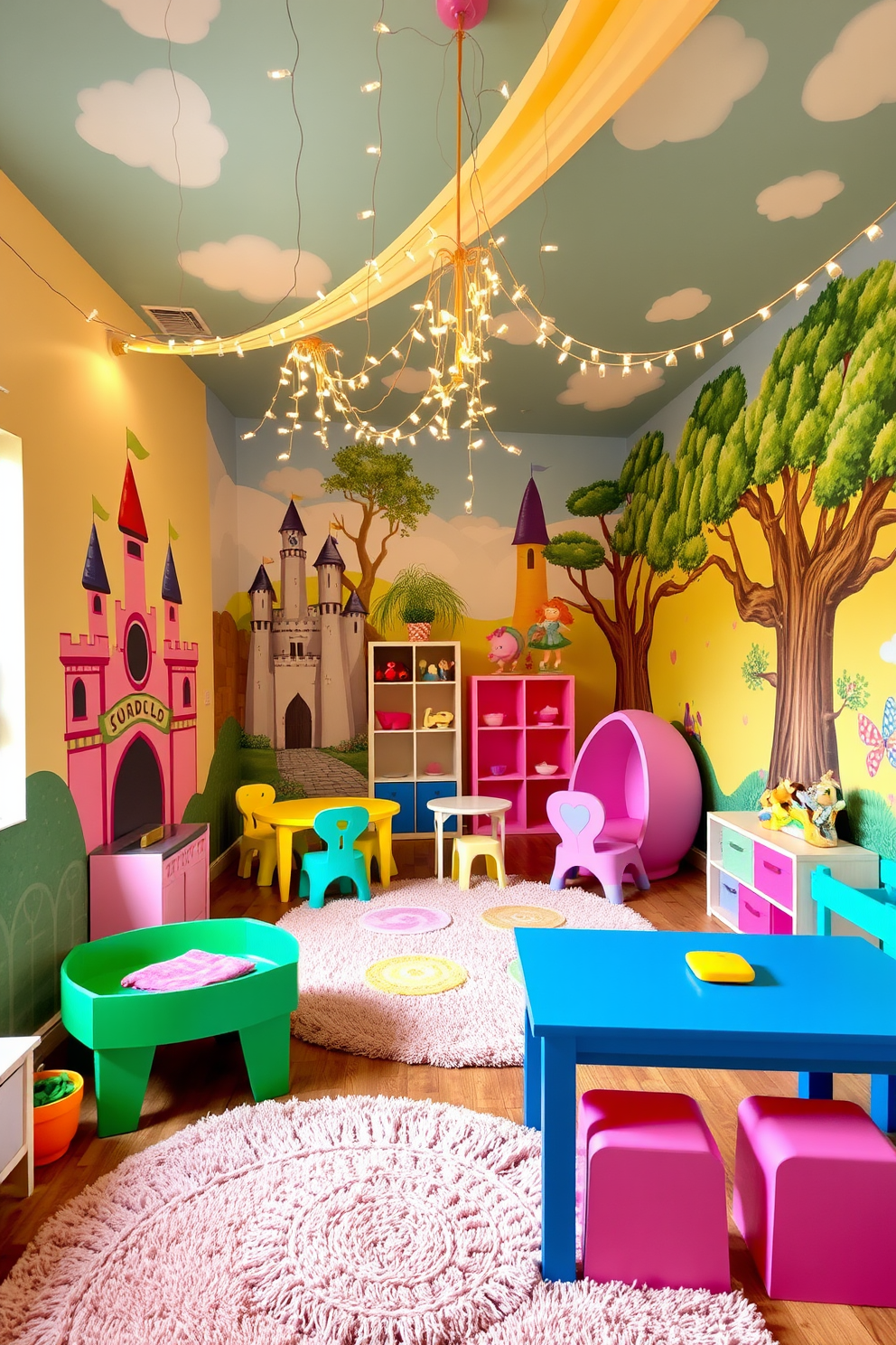 A whimsical playroom filled with vibrant colors and playful furniture. The walls are adorned with murals of castles and enchanted forests, creating a magical atmosphere. Soft rugs cover the floor, providing a cozy space for children to play. Hanging fairy lights twinkle from the ceiling, adding a warm and inviting glow to the room.