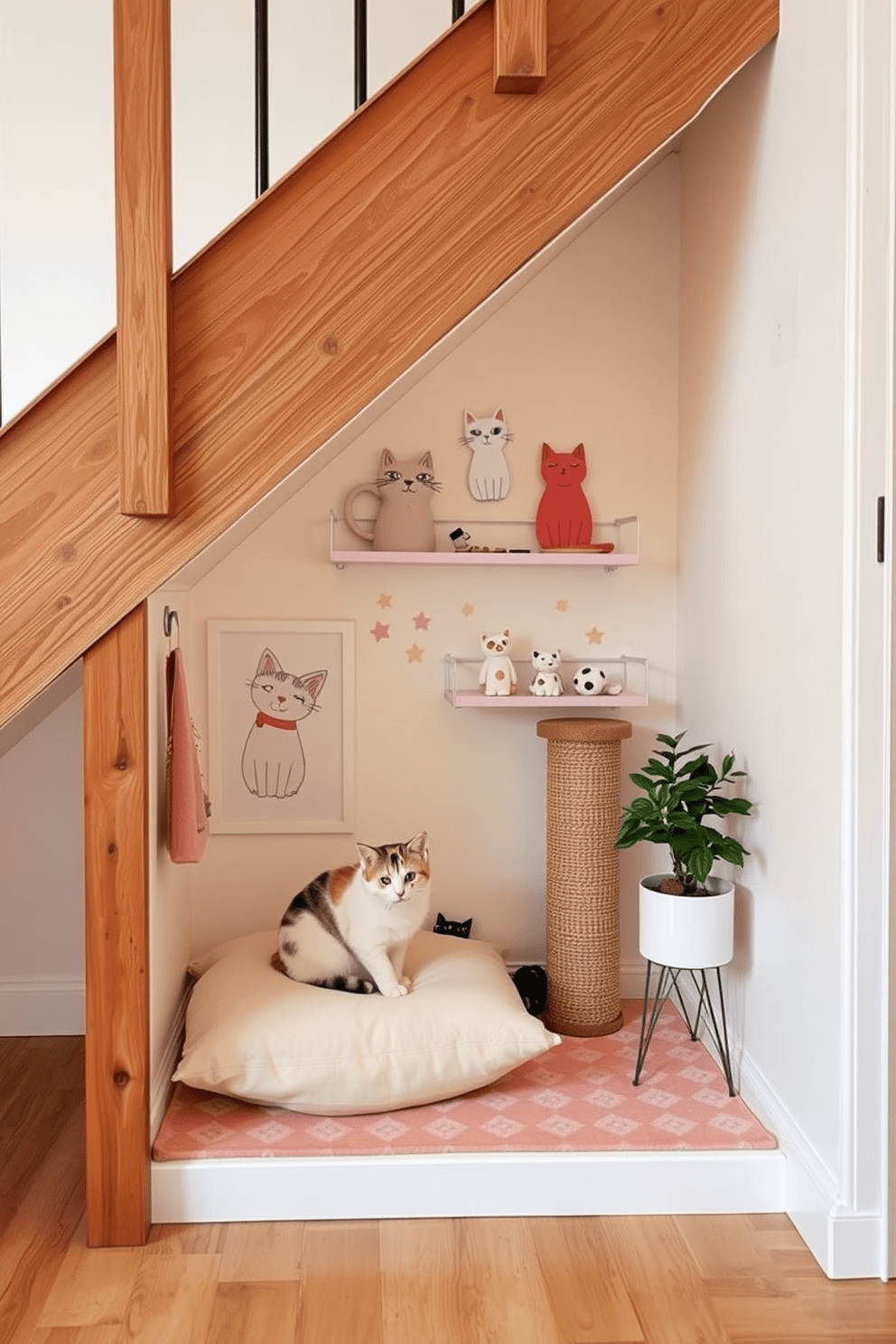 A cozy cat nook is nestled under the stairs, featuring a soft cushion and a small scratching post. The nook is adorned with playful cat-themed decor and a few shelves for toys, creating a warm and inviting space for feline relaxation. The walls are painted in a light pastel color, enhancing the warmth of the nook. A small potted plant sits nearby, adding a touch of greenery to this charming cat lover's apartment design.