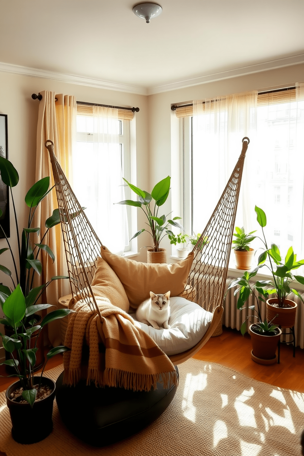 A cozy living room featuring a stylish hammock chair designed for both cats and their owners. The chair is suspended from the ceiling, creating a playful yet elegant focal point, surrounded by soft cushions and a warm throw blanket. Natural light filters in through large windows adorned with sheer curtains, illuminating the space. Potted plants are strategically placed around the room, adding a touch of greenery and enhancing the inviting atmosphere for both pets and their humans.