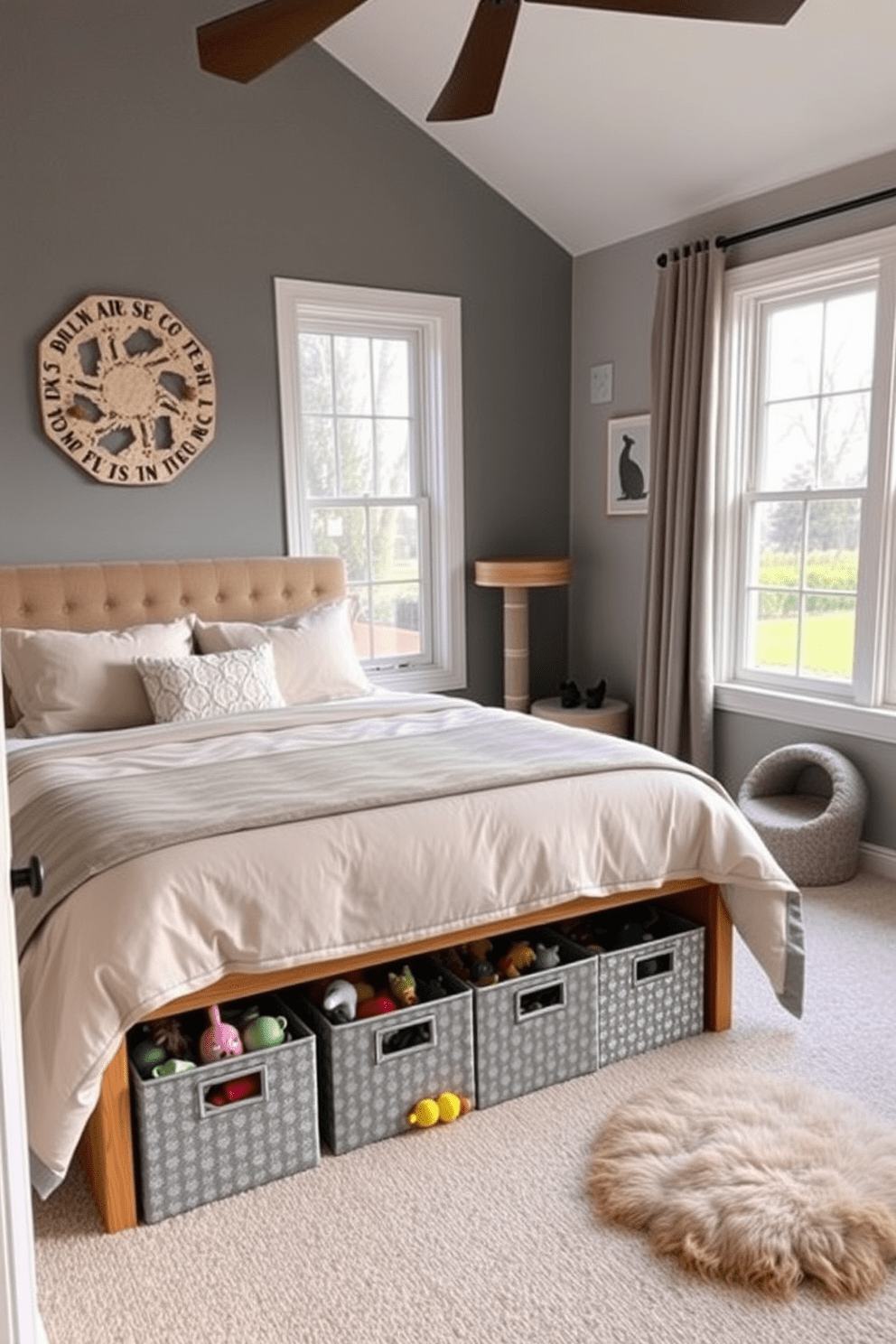 A cozy bedroom designed for a cat lover featuring a stylish bed with a soft, neutral-colored duvet. Under the bed, there are decorative storage bins that hold an array of colorful cat toys, ensuring the space remains tidy and functional. The room includes a dedicated cat play area with a scratching post and a plush cat bed in the corner. Large windows allow natural light to flood the space, creating a warm and inviting atmosphere for both the owner and their feline friend.