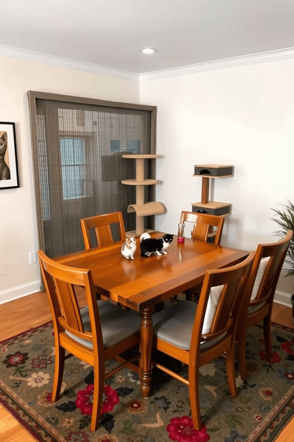 A cozy dining area designed for cat lovers features a sturdy wooden table surrounded by comfortable chairs. Soft cushions are placed on the chairs, and a playful cat tree stands in the corner, providing a safe space for pets to explore. The walls are adorned with cat-themed artwork, and a vibrant rug adds warmth to the space. Decorative barriers made of stylish materials create a safe zone for the cats while maintaining an open and inviting atmosphere.