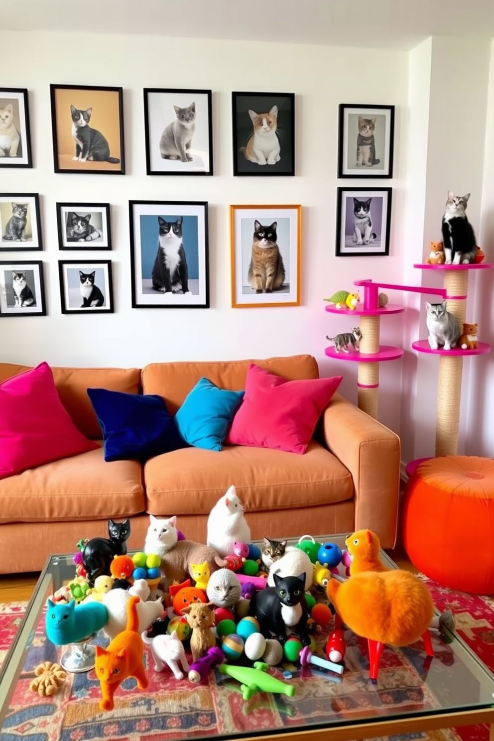 A vibrant living room filled with colorful cat toys that serve as playful decor accents. Plush cushions in bright hues are scattered across a cozy sofa, while a whimsical cat tree stands proudly in the corner. The walls are adorned with framed photos of cats in various poses, adding a personal touch to the space. A stylish coffee table features an assortment of cat toys, blending functionality with fun in this cat lover's apartment design.